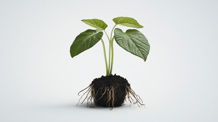 Poster - Young plant seedling with roots in soil against white background.