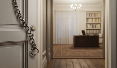 Poster - Open door with chain revealing a study.
