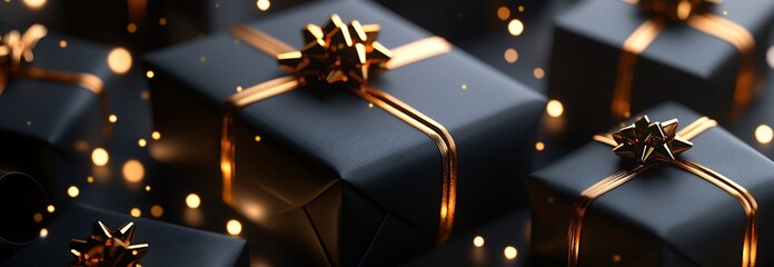 Poster - Elegant black gift boxes with gold ribbons and bows, sparkling background.