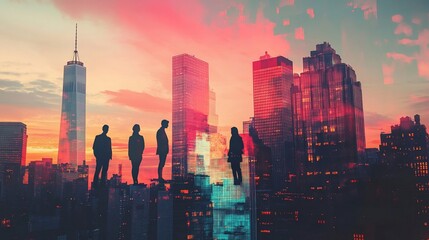 Wall Mural - Silhouetted businesspeople stand atop a cityscape at sunset, a double exposure image blending urban architecture with vibrant sky.