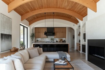 Aufkleber - Modern open-plan living space with vaulted wood ceilings, kitchen island, and sectional sofa.