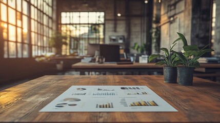 Aufkleber - Sunlit modern office workspace with wooden desk, charts, and plants.