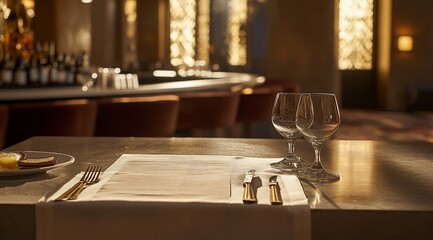 Aufkleber - Empty table set for two in a dimly lit restaurant with a bar in the background.