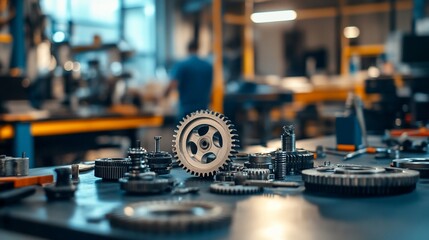 Aufkleber - Metal gears and parts on a workbench in a factory.