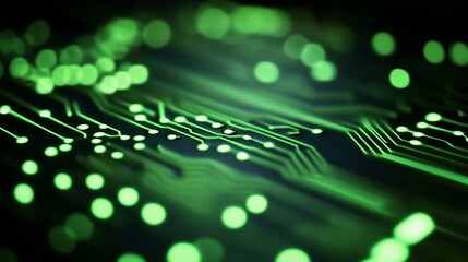 Aufkleber - Close-up of illuminated green circuit board with glowing components and pathways.