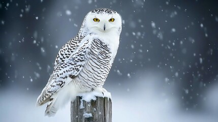 Poster - Snowy owl perched on a wooden post in a snowstorm.