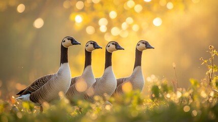 Poster - Four geese walking in line at sunrise, blurred golden background.