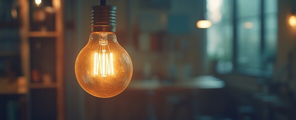 Poster - Glowing vintage light bulb hanging indoors.