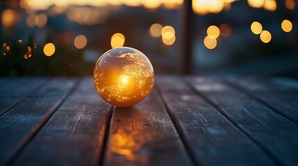 Poster - Glass sphere reflecting sunset on wooden deck.
