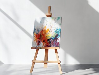 Aufkleber - Abstract colorful painting on wooden easel in bright room.