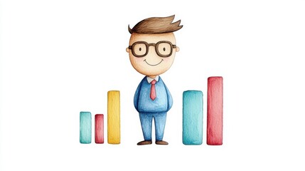 Poster - Friendly Cartoon Character with Bar Graph Illustrating Business Growth and Success