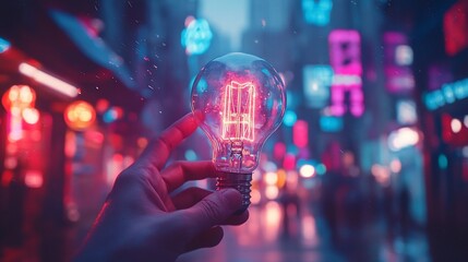 Poster - Hand holding illuminated lightbulb against vibrant city backdrop. (1)