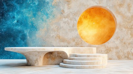 Poster - Futuristic Studio with Artistic Backdrop and Circular Window Emphasizing Cosmic Landscape