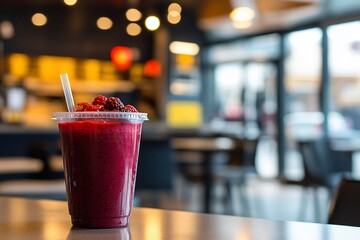 Sticker - Refreshing berry smoothie in a plastic cup on a cafe table.