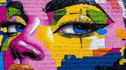 Wall Mural - Colorful graffiti mural depicting a woman's face on a brick wall.