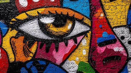 Wall Mural - Colorful eye mural on brick wall, abstract art.