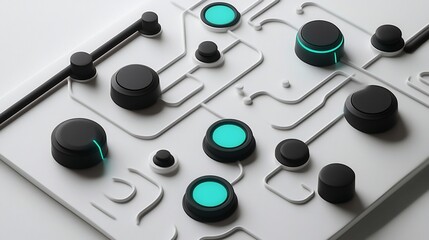 Poster - Abstract tech control panel with buttons, knobs, and glowing teal accents on a white surface.