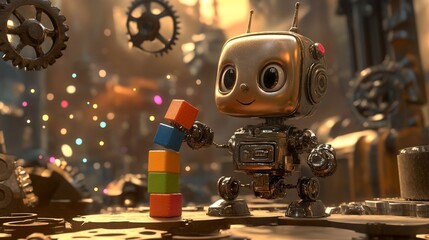 Poster - A cute metallic robot plays with colorful blocks in a steampunk-style workshop.