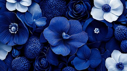 close-up of various blue and white flowers.