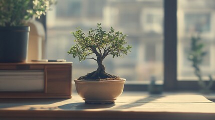 Poster - Small bonsai tree in a beige pot sits on a wooden table by a window, bathed in sunlight.