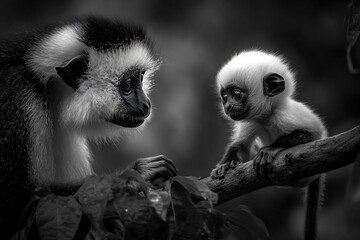 Poster - Black and white photo of a mother and baby monkey sitting on a branch.