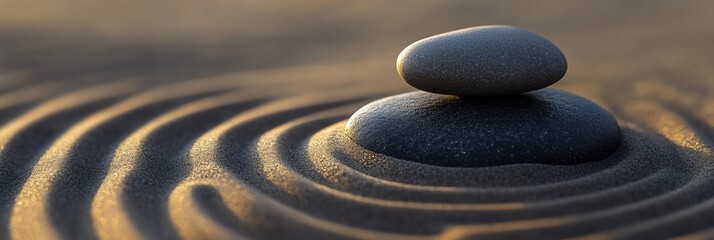 Poster - Two grey stones stacked on dark sand with concentric circles.