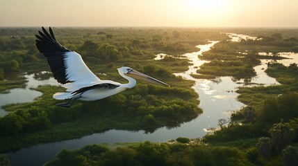 Poster - Pelican in flight over a lush river delta at sunset.