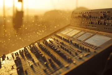 Fototapete - Close-up of a sound mixing console at sunset, dust particles in the air.