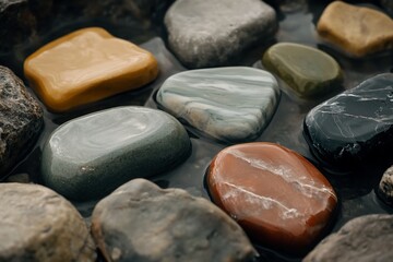 Aufkleber - Colorful polished stones submerged in shallow water.