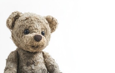 Photograph of a cute teddy bear toy, isolated on a white background, with ample space for text or design. The image is highly detailed and in sharp focus.