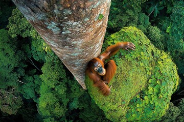 Poster - Orangutan perched on moss-covered rock beside a giant tree in lush rainforest canopy, viewed from above.