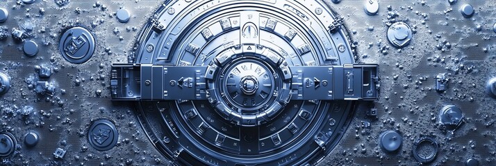Poster - Futuristic metallic vault door with intricate design and textured surface.