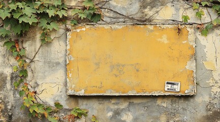 Poster - Weathered yellow metal plate on a textured stone wall with climbing ivy.