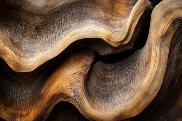 Aufkleber - Abstract close-up of sculpted, wavy wood with rich brown and dark tones, showcasing texture and natural grain.
