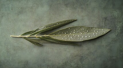 Poster - Olive branch with dew drops on a textured green background.