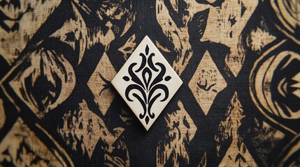 Poster - Close-up of a single, elegant, diamond-shaped tile with a black floral design, resting on a patterned fabric background.