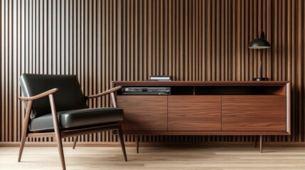 Sticker - Mid-century modern armchair and wooden sideboard against slatted wall.