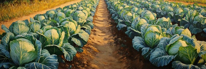 Poster - Lush rows of cabbages in a sunlit field.