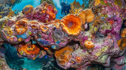 Poster - Vibrant coral reef teeming with diverse marine life, a diver explores the underwater landscape.