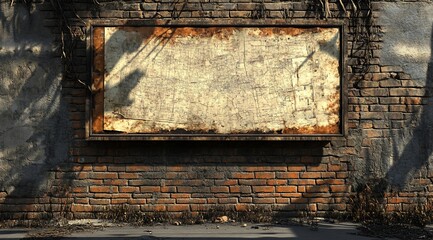 Poster - Rusty, weathered billboard on a brick wall, overgrown with vines.