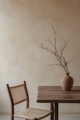 Sticker - Minimalist interior rustic wooden table, chair, terracotta vase with branches against a beige wall.