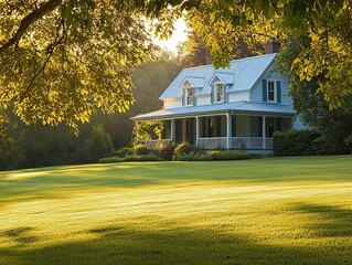 Aufkleber - Serene sunrise illuminates a charming farmhouse on a sprawling green lawn, framed by lush trees.