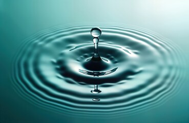 Poster - Close-up water droplet creates ripples in tranquil water surface. Pure liquid droplet falls, creates smooth concentric circles. Beautiful balance, smooth shape. Natural water concept. Fresh, clean.