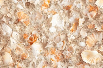 Poster - Seashells scattered on sandy beach. Close-up view of various seashells embedded in pale sand.