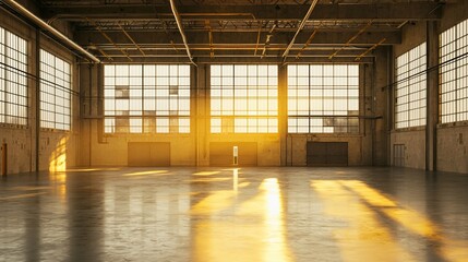 Poster - Sunlit empty industrial warehouse interior with large windows and polished concrete floor.