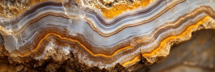 Aufkleber - Close-up of agate stone with wavy, banded patterns in shades of white, gray, brown, and orange.