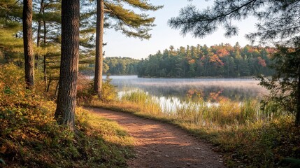 Poster - Serene autumnal trail winds along a misty lake, framed by colorful trees.