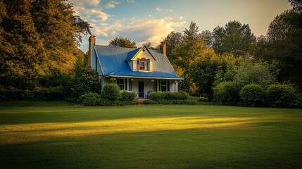 Poster - Charming blue-roofed cottage nestled in a lush green lawn, bathed in golden sunset light.