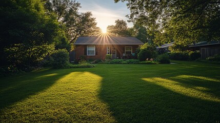 Aufkleber - Suburban home bathed in golden sunset light, showcasing a well-maintained lawn and lush greenery.
