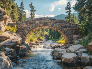 Aufkleber - Stone arch bridge over a cascading river in a mountainous region, lush green trees.